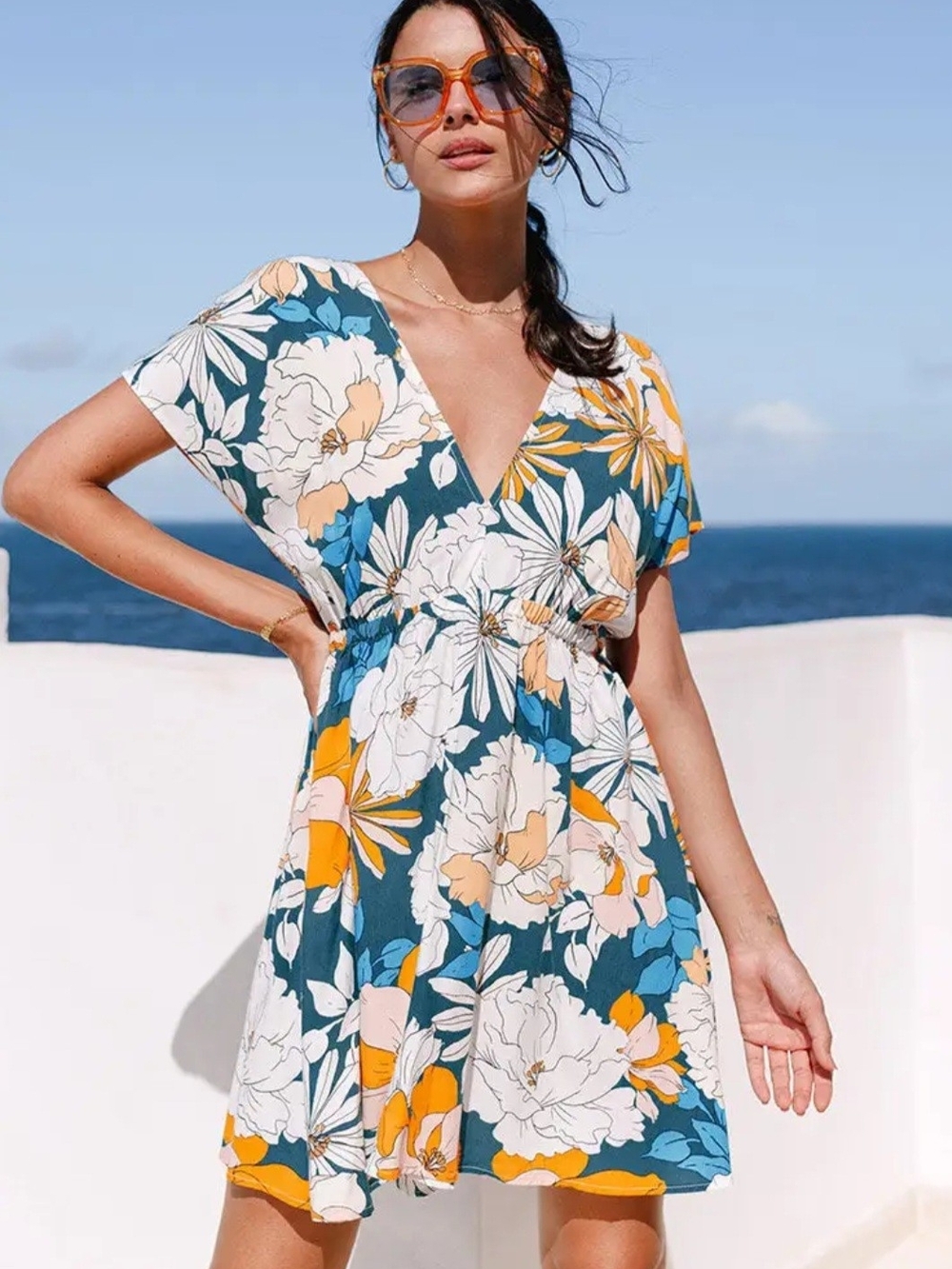Floral V-Neck Short Sleeve Dress with Gathered Waist- Size Small